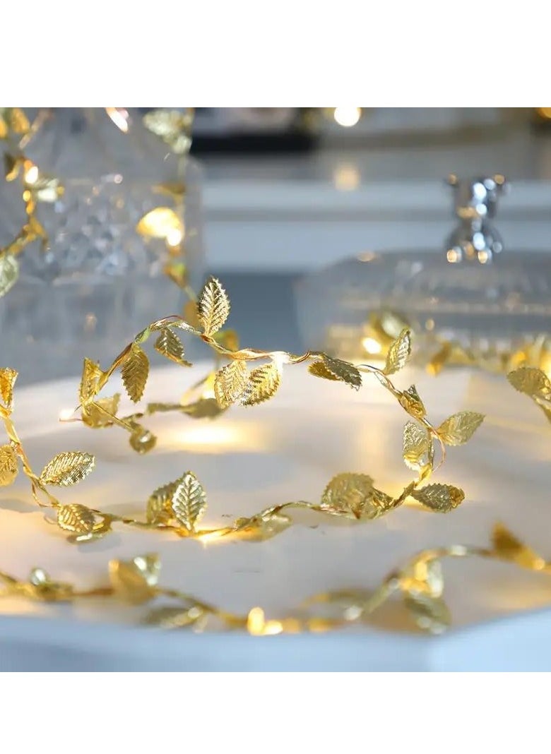 Generic 5m/50 LED Gold Leaf Decorative String Lights, Copper Wire Starlight LED Fairy Lights, Battery Powered Lights for Bedroom, Party, Wedding, Centerpieces, Decoration (Warm White)  - Image 3