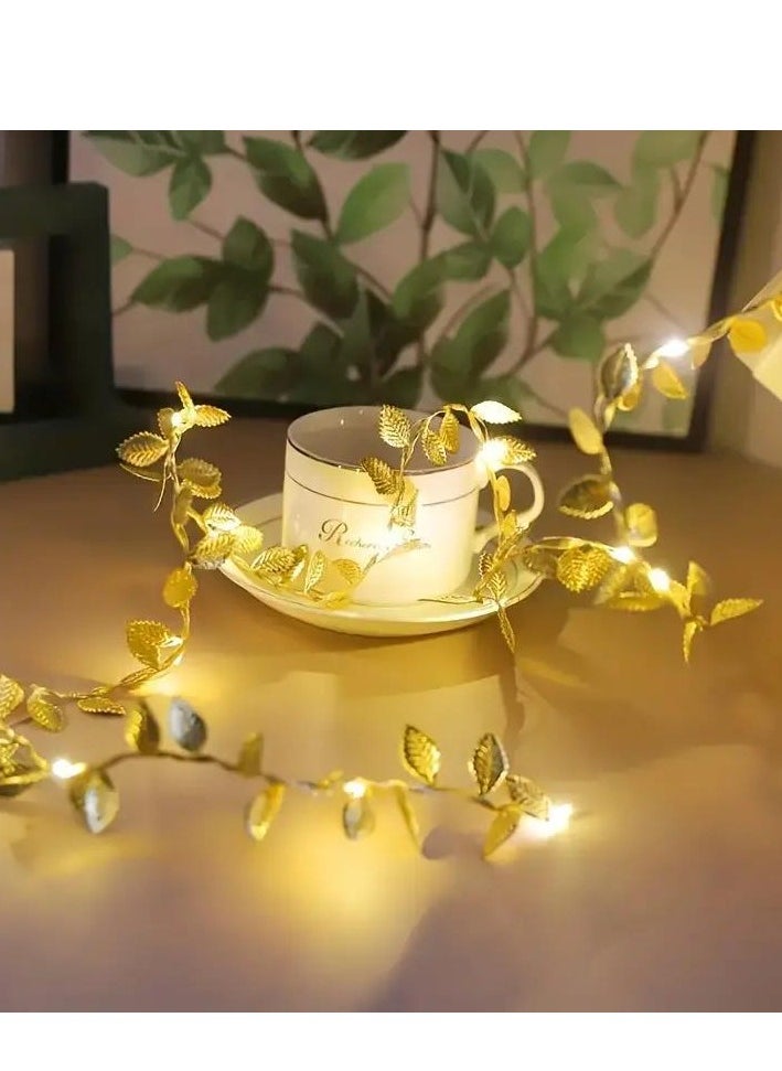 Generic 5m/50 LED Gold Leaf Decorative String Lights, Copper Wire Starlight LED Fairy Lights, Battery Powered Lights for Bedroom, Party, Wedding, Centerpieces, Decoration (Warm White)  - Image 4