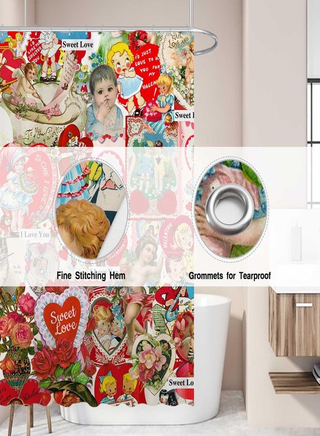 Allenjoy 72" x 72" Vintage Valentines Patchwork Shower Curtain for Bathroom Abstract Country Rose Flower Heart Happy Bath Bathtub Decoration Decor Durable Easy Care Washable - Image 3
