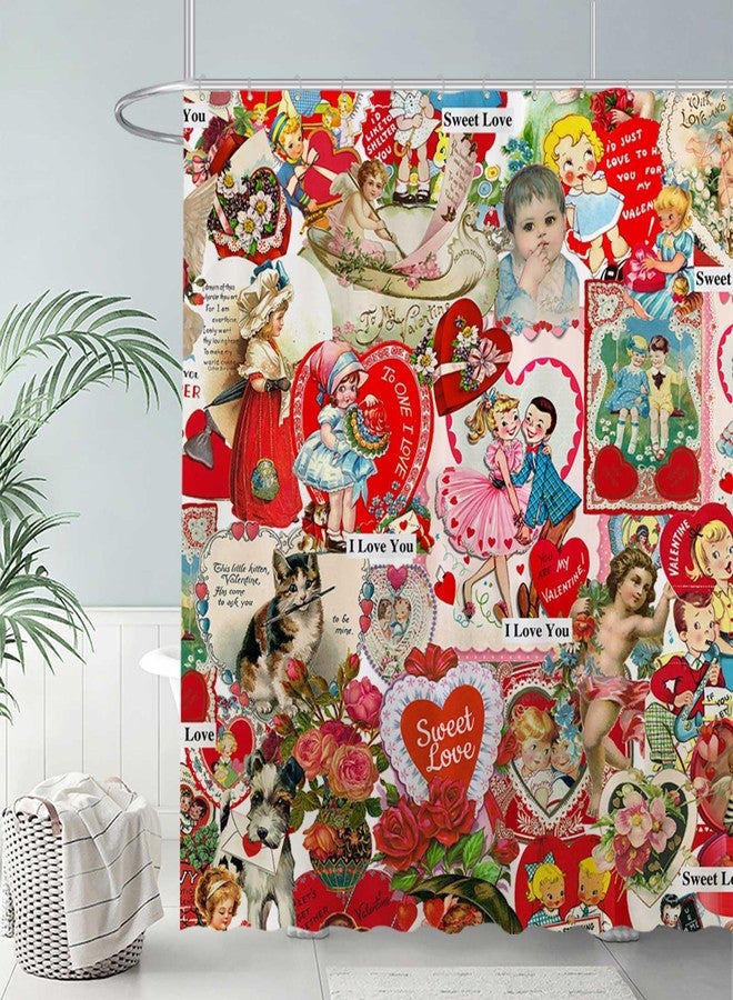 Allenjoy 72" x 72" Vintage Valentines Patchwork Shower Curtain for Bathroom Abstract Country Rose Flower Heart Happy Bath Bathtub Decoration Decor Durable Easy Care Washable - Image 2