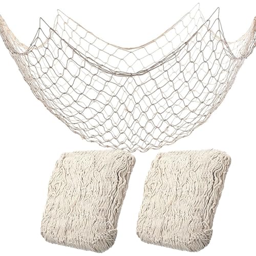 BWEALT 2 Pack Fish Net Decorations for Party, Natural Cotton Hawaiian Party Fishing Net Decorative, Nautical Themed Cotton Fishnet Under The Sea Pirate Ocean BeachHalloween Decor - Image 1