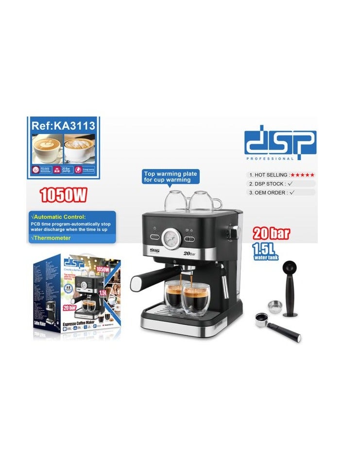 DSP KA3113 20-Bar Espresso Coffee Machine 1050W with Thermometer, Cup Warmer & 1.5L Tank – Cappuccino, Latte, Espresso Maker - Image 4