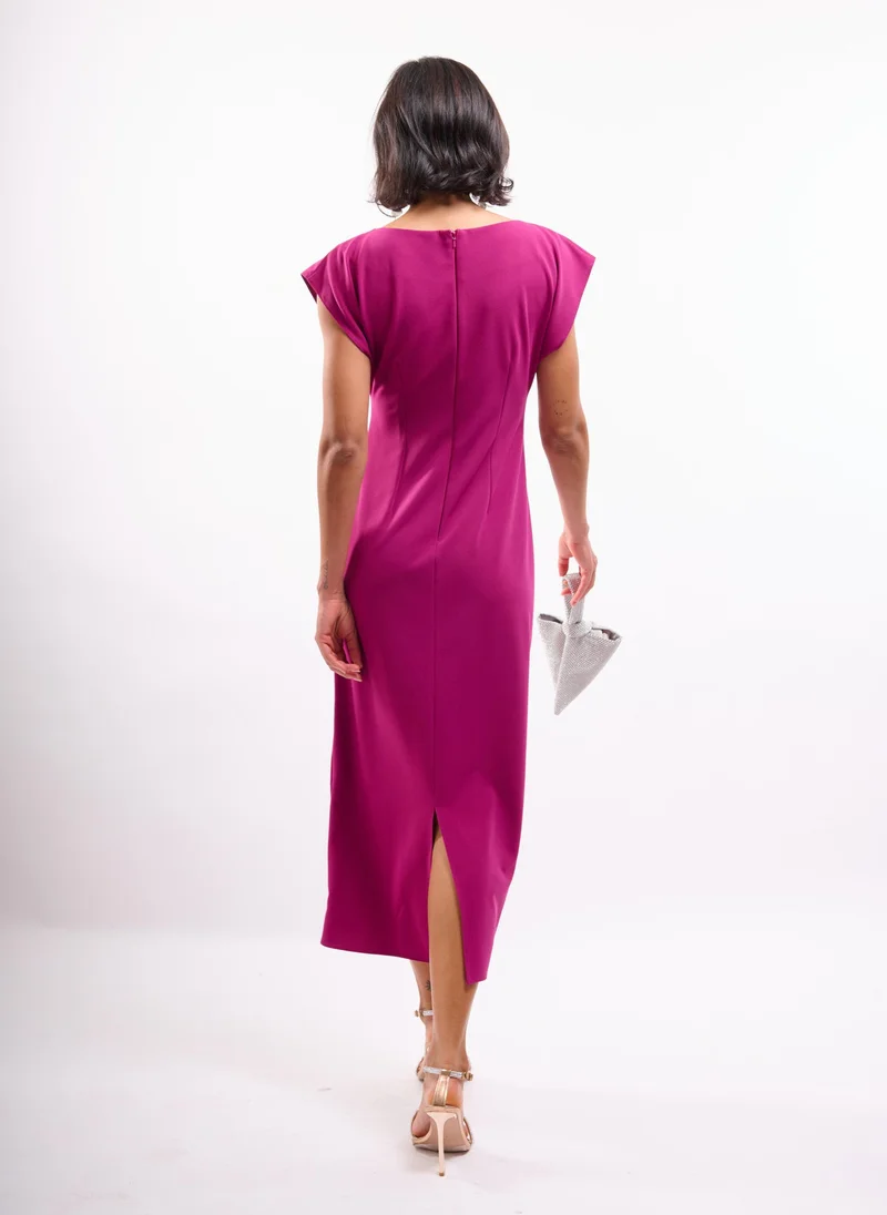 Faia fuchsia Berry Midi Dress with Ruched Front Keyhole for Women | Best Price UAE