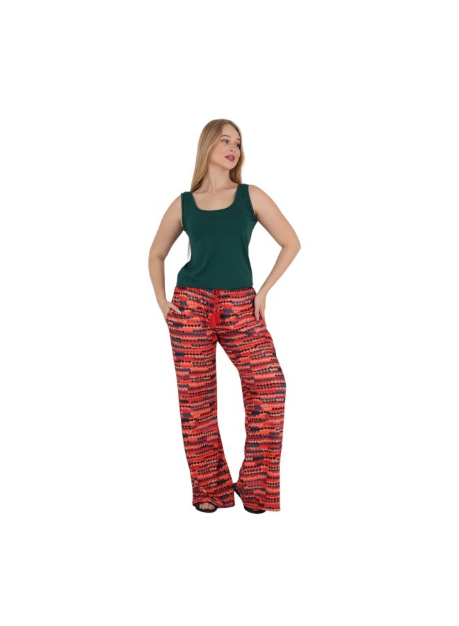 ZECOTEX Premium Cotton Pajama Set - Sleeveless Tank Cami Top & High-Waisted Aztec Geometric Print Wide-Leg Pants - 2-Piece Summer Loungewear S to 2XL - Dark Emerald Green & Orange Multi - Image 2