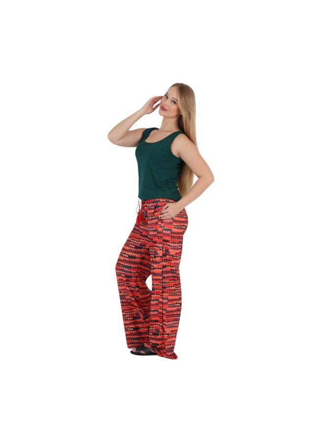 ZECOTEX Premium Cotton Pajama Set - Sleeveless Tank Cami Top & High-Waisted Aztec Geometric Print Wide-Leg Pants - 2-Piece Summer Loungewear S to 2XL - Dark Emerald Green & Orange Multi - Image 3