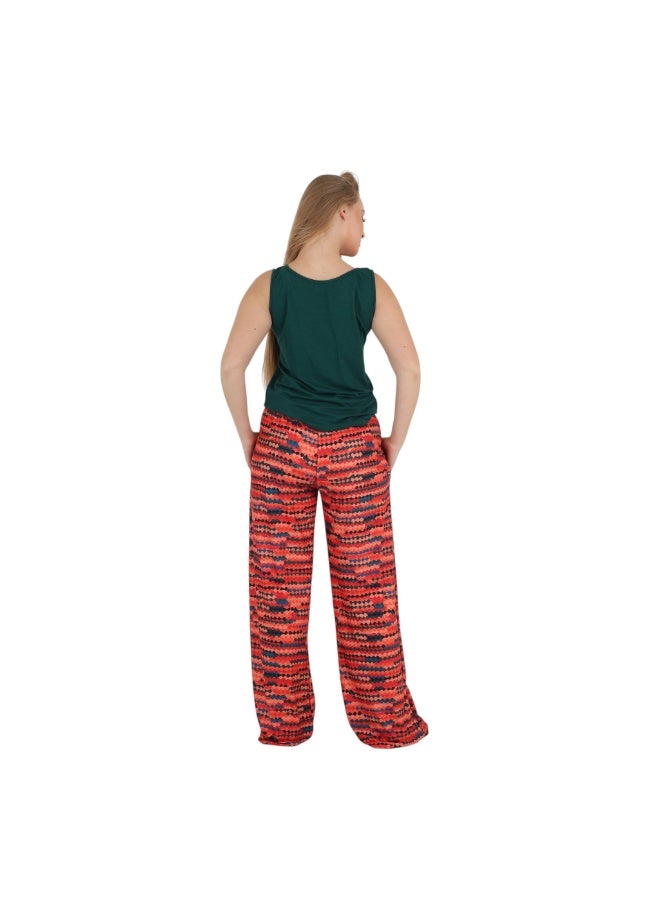 ZECOTEX Premium Cotton Pajama Set - Sleeveless Tank Cami Top & High-Waisted Aztec Geometric Print Wide-Leg Pants - 2-Piece Summer Loungewear S to 2XL - Dark Emerald Green & Orange Multi - Image 5