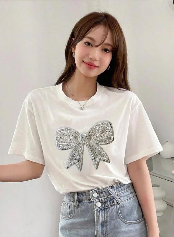 تايك تو White Beaded Bow Short Sleeves T-Shirt