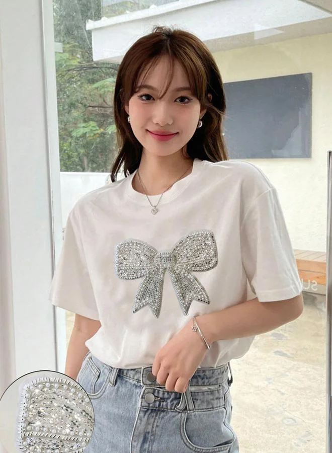 تايك تو White Beaded Bow Short Sleeves T-Shirt