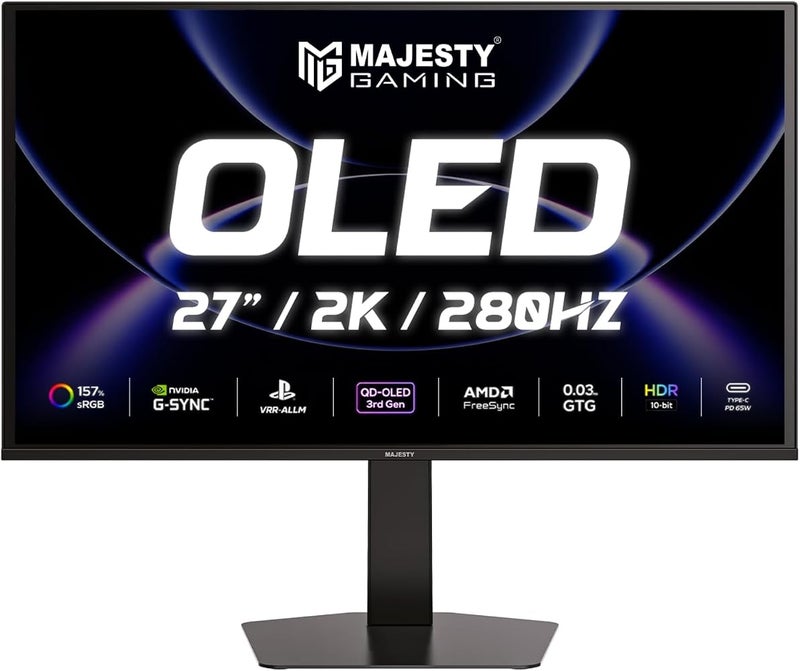 ماجيستي شاشة ألعاب مجيدة بحجم 27 بوصة من نوع OLED، دقة 2K QHD، تردد عرض 280 هرتز، زمن استجابة 0.03 مللي ثانية، دعم لتقنية HDR400، نطاق ألوان 157% من نطاق sRGB، دقة بت 10 بت، تدعم تقنيات G-SYNC وFreeSync، منافذ HDMI 2.1 وDP وUSB-C، متوافقة مع معيار - Image 1