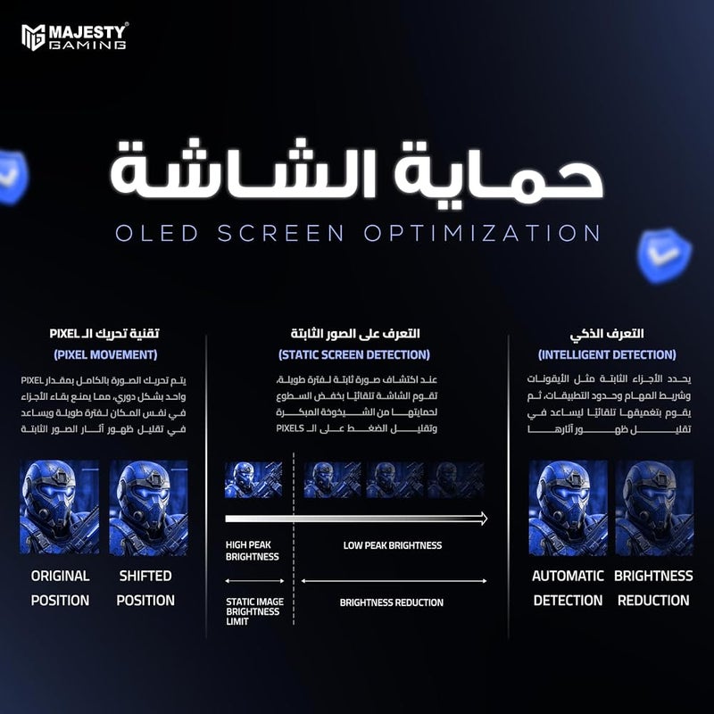 ماجيستي شاشة ألعاب مجيدة بحجم 27 بوصة من نوع OLED، دقة 2K QHD، تردد عرض 280 هرتز، زمن استجابة 0.03 مللي ثانية، دعم لتقنية HDR400، نطاق ألوان 157% من نطاق sRGB، دقة بت 10 بت، تدعم تقنيات G-SYNC وFreeSync، منافذ HDMI 2.1 وDP وUSB-C، متوافقة مع معيار - Image 5
