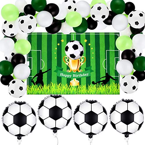 Sumind 65 Pieces Soccer Party Supplies Football Theme Birthday Decorations Include Soccer Field Background Backdrop Foil Latex Balloon Football Balloons for Birthday Theme Party Decoration - Image 1