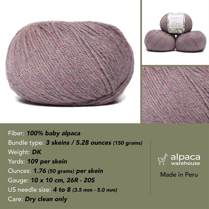 Alpaca Warehouse طقم خيوط صوف ألباكا للأطفال 100% من 3 كرات (150 جرام) وزن DK - مصنوع في بيرو - ناعم بشكل مذهل ومثالي للحياكة والكروشيه (لافندر رمادي) - Image 3