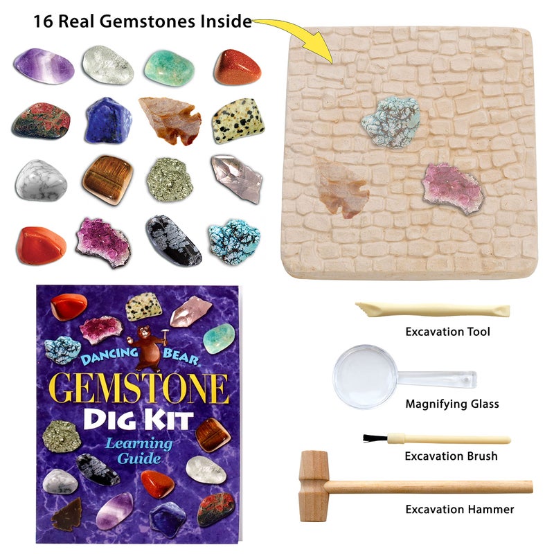 DANCING BEAR Gem Dig Kit - Excavate 16 Gems & Crystals Including Arrowheads, Quartz, Amethyst - STEM Education Gift Set for Kids - Image 2