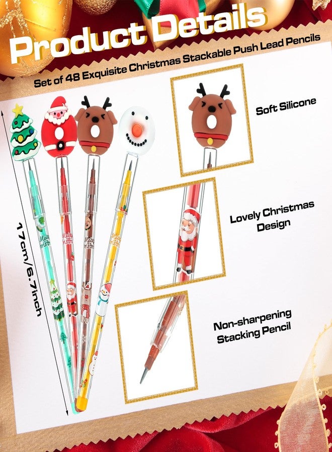 Qilery 48 Pcs Christmas Pencils Multi Point Stackable Push Pencils Christmas Plastic with Silicone Santa Xmas Tree Deer and Snowman for Reward Party Favor New Year Supply - Image 2