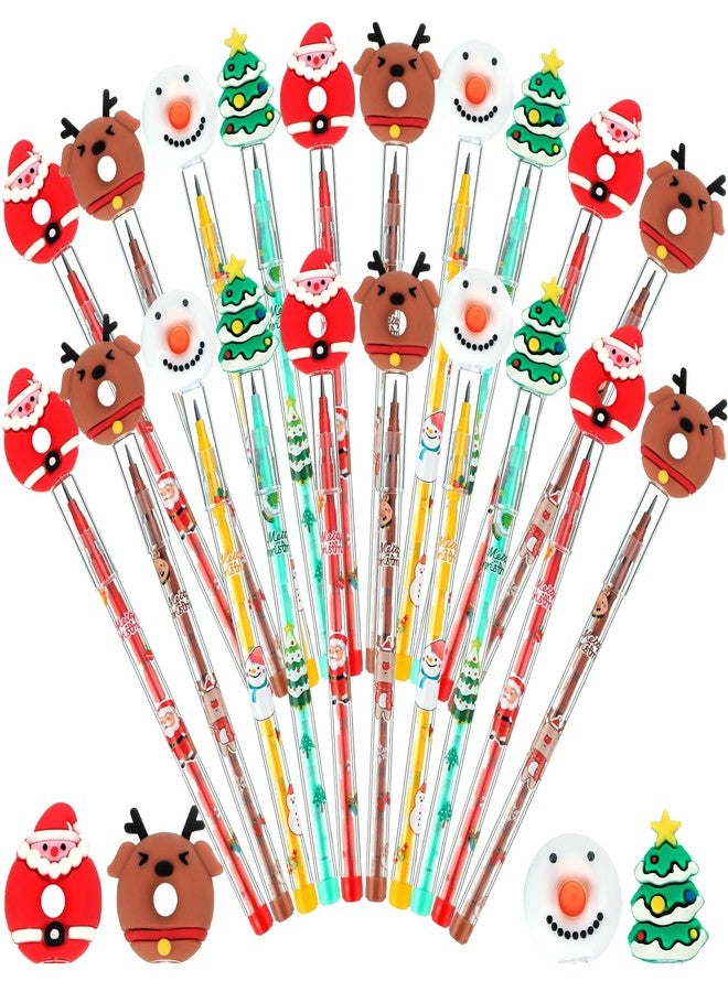 Qilery 48 Pcs Christmas Pencils Multi Point Stackable Push Pencils Christmas Plastic with Silicone Santa Xmas Tree Deer and Snowman for Reward Party Favor New Year Supply - Image 1