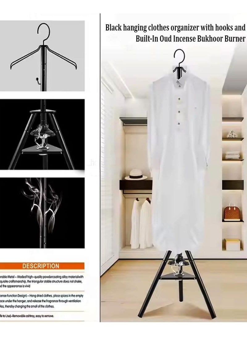 Multifunctional Standing Clothes Steamer with Integrated Incense Bukhoor Burner, Black Foldable Metal Frame Hanging Organizer for Coats, Robes, and Garments  - Image 3
