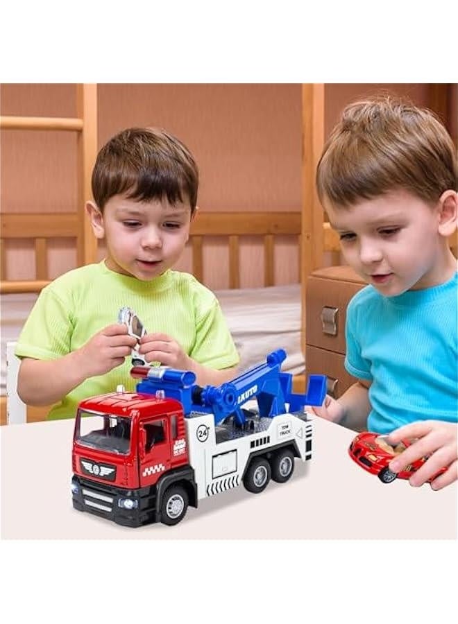 Diecast Tow Truck Toy- Pull Back Truck Vehicles with Lights & Sound and 2Pcs Mini Toy Cars Carrier Truck Toys, Metal Tow Truck and Trailer Toy for Boys Age 3 4-7 8 9 Years Old
