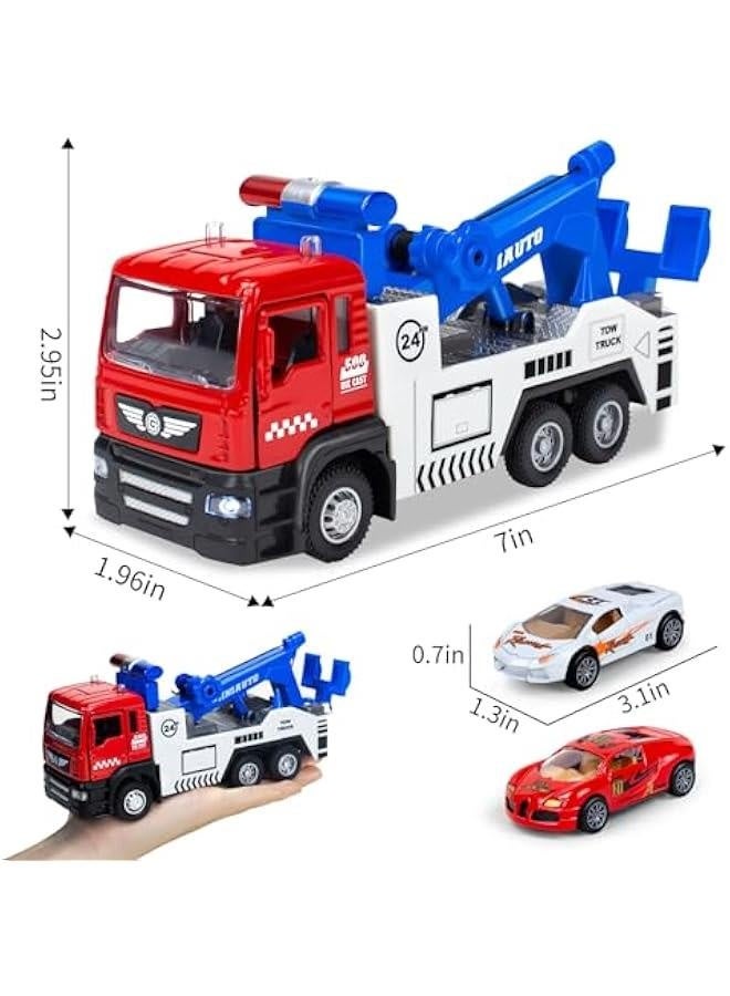 Diecast Tow Truck Toy- Pull Back Truck Vehicles with Lights & Sound and 2Pcs Mini Toy Cars Carrier Truck Toys, Metal Tow Truck and Trailer Toy for Boys Age 3 4-7 8 9 Years Old