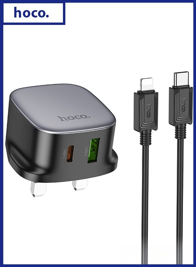 hoco. Wall charger CS32B Rich PD20W + QC3.0 UK cable set With Type-C to Lightning(Black) - Image 1