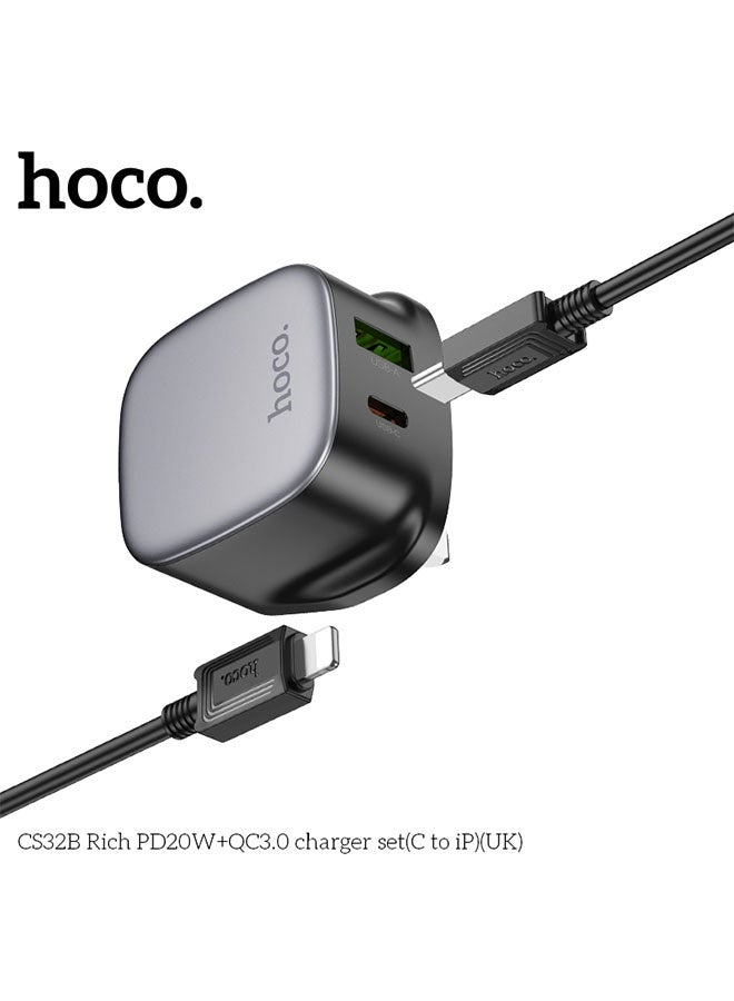 hoco. Wall charger CS32B Rich PD20W + QC3.0 UK cable set With Type-C to Lightning(Black) - Image 4
