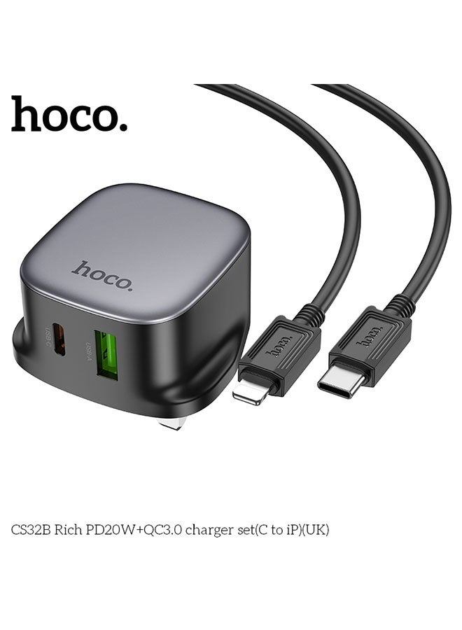 hoco. Wall charger CS32B Rich PD20W + QC3.0 UK cable set With Type-C to Lightning(Black) - Image 3