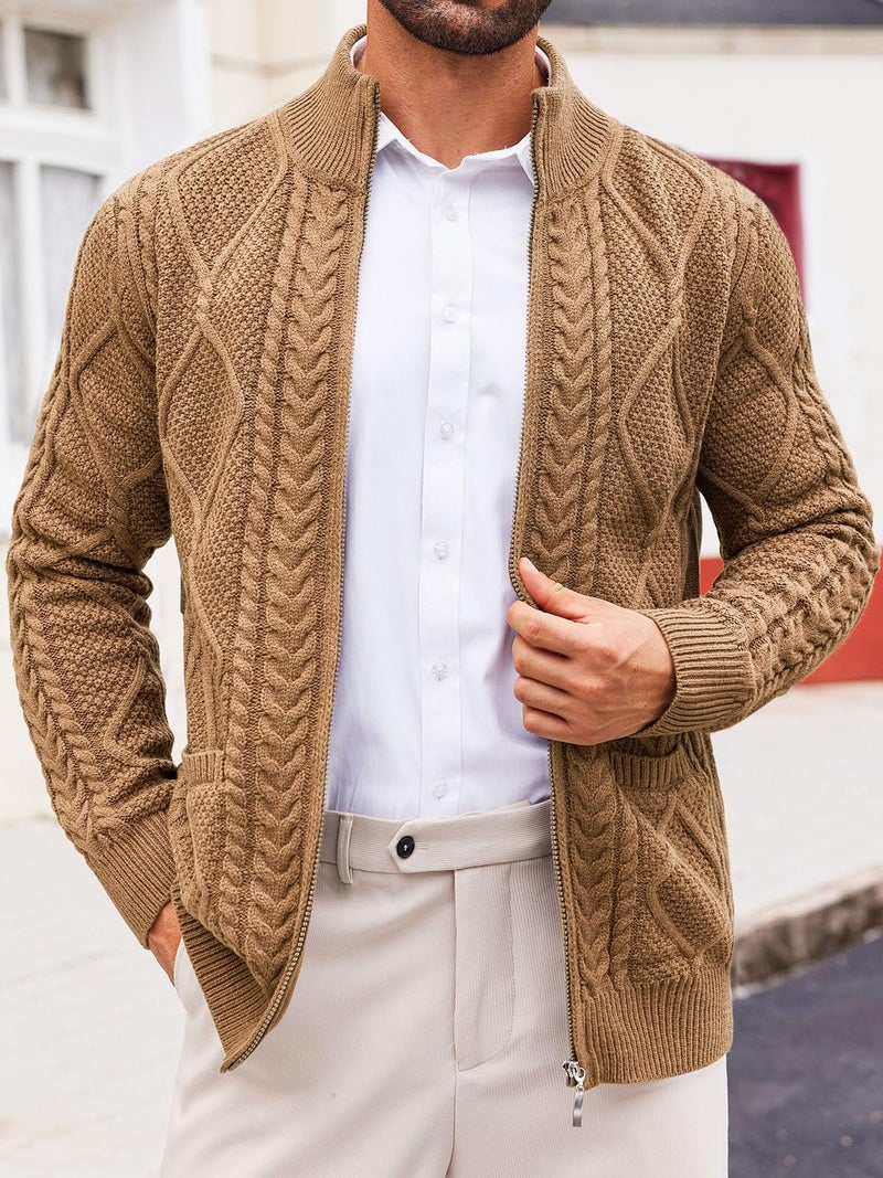 Runcati Mens Full Zip Cardigan Sweater Casual Cable Knitted Mock Neck Ribbed Winter Sweaters Khaki - Image 2