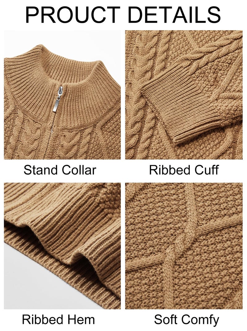Runcati Mens Full Zip Cardigan Sweater Casual Cable Knitted Mock Neck Ribbed Winter Sweaters Khaki - Image 5