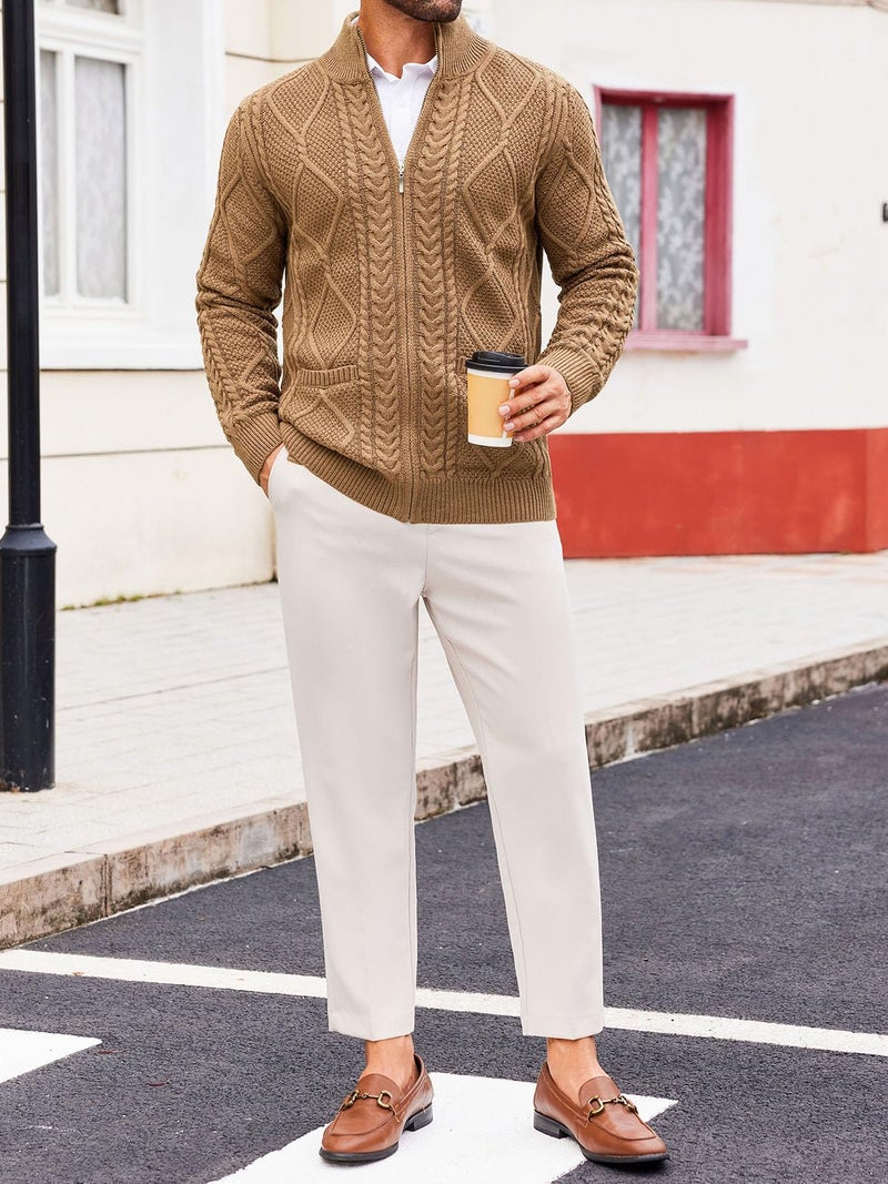 Runcati Mens Full Zip Cardigan Sweater Casual Cable Knitted Mock Neck Ribbed Winter Sweaters Khaki - Image 4