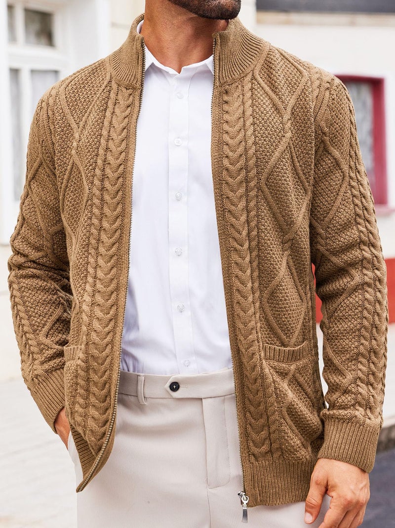 Runcati Mens Full Zip Cardigan Sweater Casual Cable Knitted Mock Neck Ribbed Winter Sweaters Khaki - Image 3