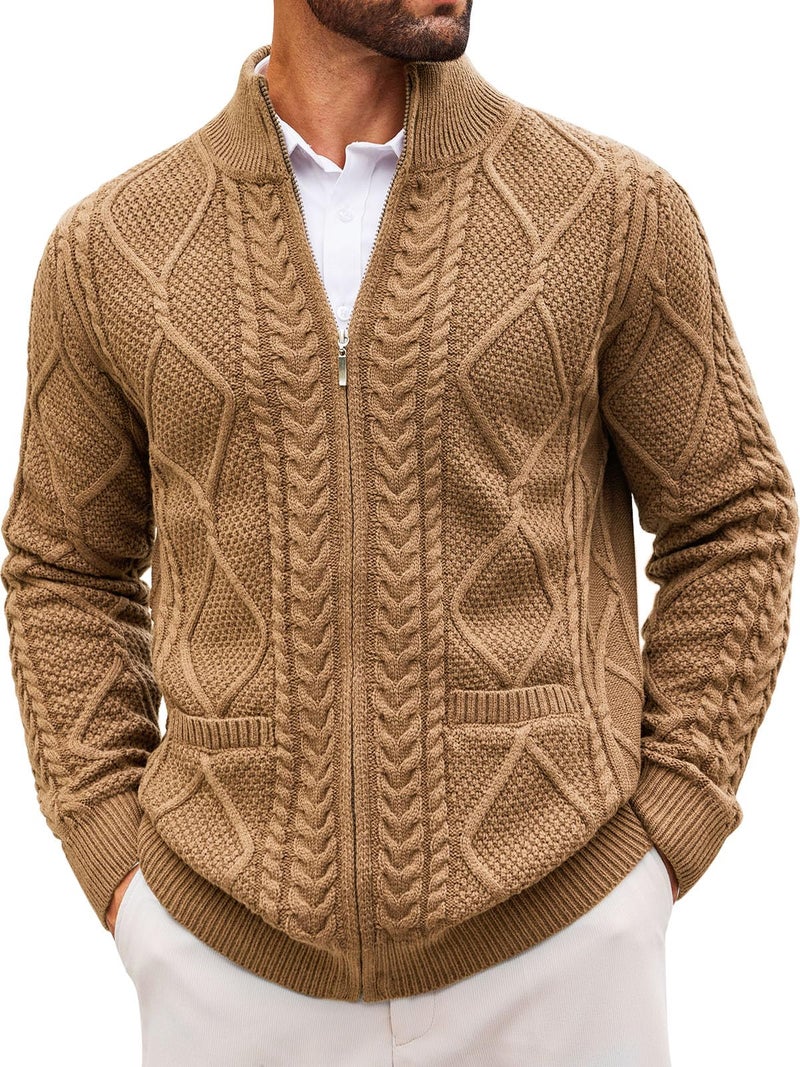 Runcati Mens Full Zip Cardigan Sweater Casual Cable Knitted Mock Neck Ribbed Winter Sweaters Khaki - Image 1