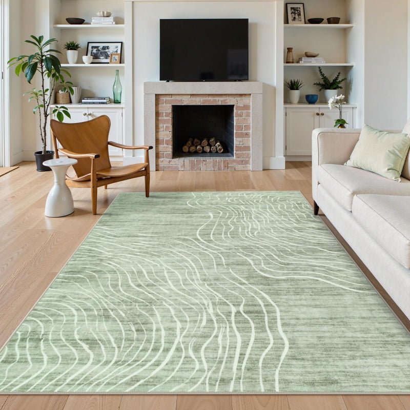 LIVEBOX 5x7 Sage Green Modern Abstract Area Rugs for Living Room, Washable Rugs for Nursery Bedroom, Non-Slip Minimalist Neutral Wave Striped Rugs for Playroom Boys, Throw Accent Rug Carpet for Dining Room - Image 5