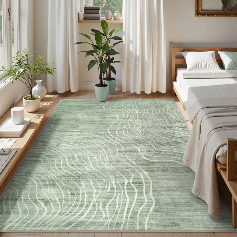 LIVEBOX 5x7 Sage Green Modern Abstract Area Rugs for Living Room, Washable Rugs for Nursery Bedroom, Non-Slip Minimalist Neutral Wave Striped Rugs for Playroom Boys, Throw Accent Rug Carpet for Dining Room - Image 4