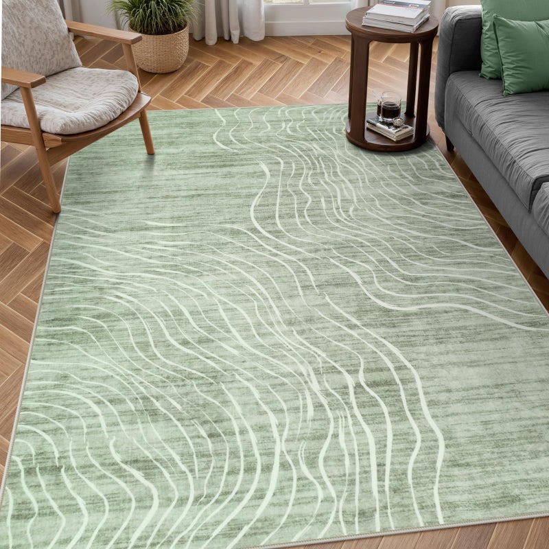 LIVEBOX 5x7 Sage Green Modern Abstract Area Rugs for Living Room, Washable Rugs for Nursery Bedroom, Non-Slip Minimalist Neutral Wave Striped Rugs for Playroom Boys, Throw Accent Rug Carpet for Dining Room - Image 1