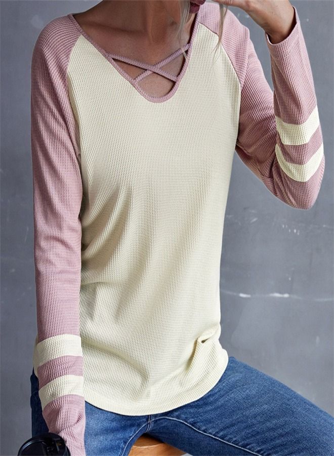 Loquat Contrast V-neck Pullover Long Sleeve T-Shirt  - Image 1