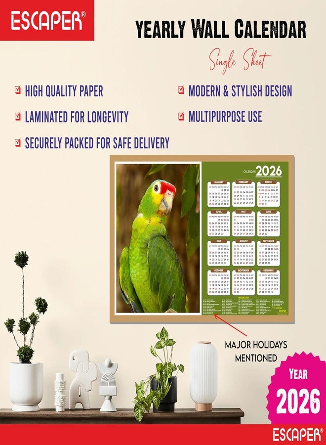 ESCAPER تقويم حائط ESCAPER 2026 - تصميم طيور لطيفة، 45 × 30 سم، ببغاوات خضراء، ديكور غرفة الأطفال، تقويم معلق للمنزل وهدية - Image 2