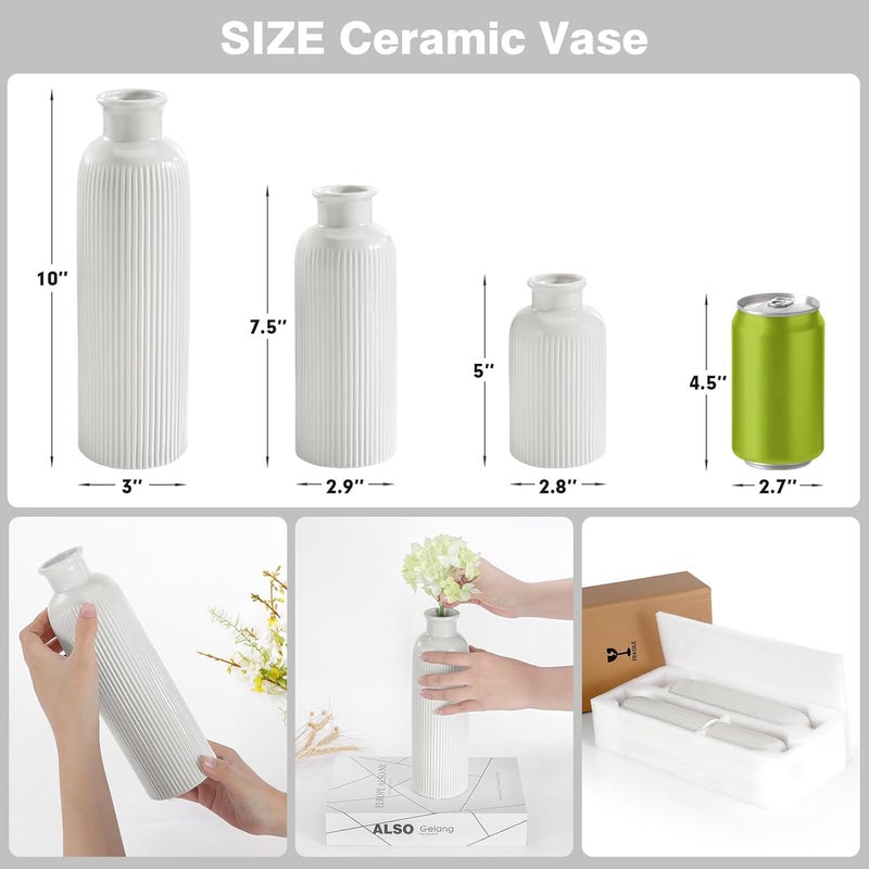 GUKJOB Small White Ceramic Vase Set of 3, Boho Modern White Flower Vase Room Decor, Farmhouse Decor, Vases for Your Kitchen, Bathroom, Bedroom, Living Room, Office&Shelf Centerpiece Table Decorations - Image 2