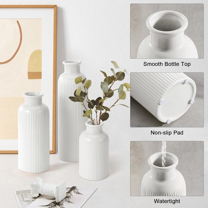 GUKJOB Small White Ceramic Vase Set of 3, Boho Modern White Flower Vase Room Decor, Farmhouse Decor, Vases for Your Kitchen, Bathroom, Bedroom, Living Room, Office&Shelf Centerpiece Table Decorations - Image 5