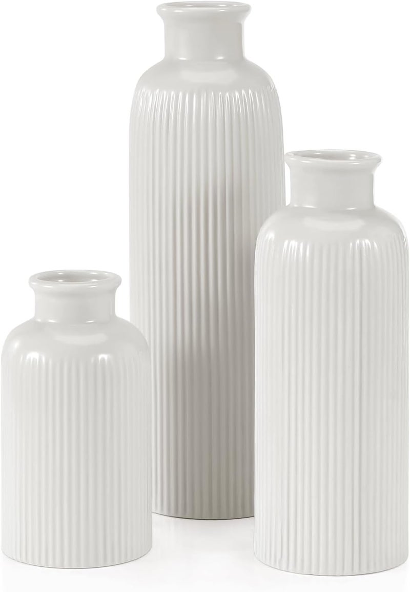 GUKJOB Small White Ceramic Vase Set of 3, Boho Modern White Flower Vase Room Decor, Farmhouse Decor, Vases for Your Kitchen, Bathroom, Bedroom, Living Room, Office&Shelf Centerpiece Table Decorations - Image 1