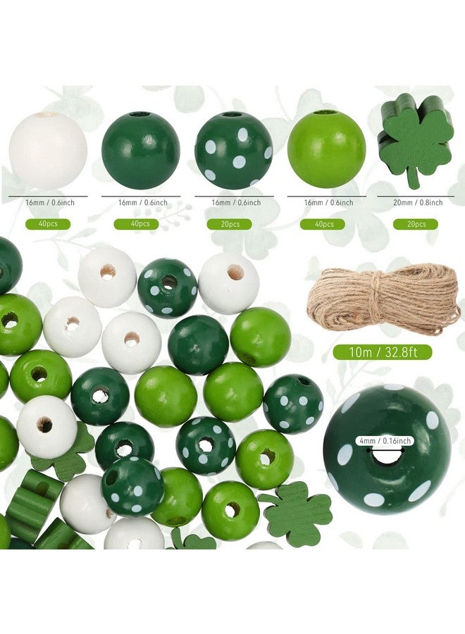 وولاين 160 قطعة من الخرز الخشبي لعيد القديس باتريك، خرز خشبي حرفي، خرز فاصل أبيض وأخضر، خرز فاصل للحظ السعيد، البرسيم، بقعة مستديرة، خرزة المزرعة اليدوية، 5 تصميمات - Image 2