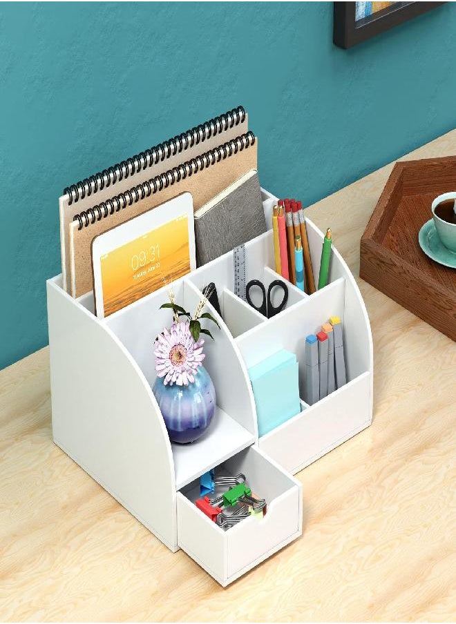 FEMELI - FEMELI Office Desk Organizer and Accessaries,Acrylic Desk Organizer with 8 Compartments +1 Drawer(White) - Image 1