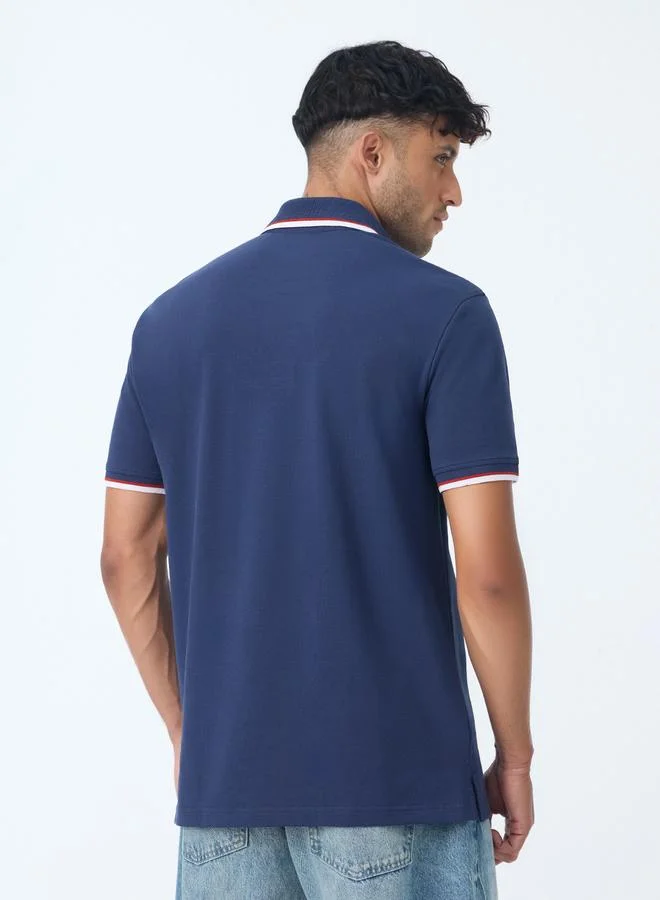 The Souled Store Navy Blue Cotton Polo with Checkered Trim