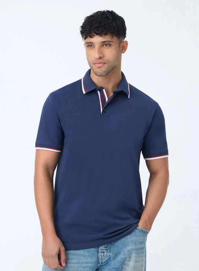 The Souled Store Navy Blue Cotton Polo with Checkered Trim