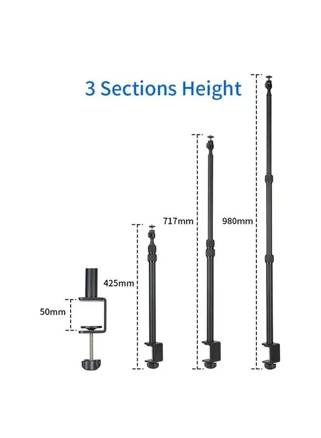Jmary MT-49 Tabletop Light Stand Clip, 1/4-inch Screw for Cameras, LED Video Light, Ring Light, 3-Section Extendable Stand up to 93.5cm, 360-Degree Swivel Ball Head, Table Clamping Mount up to 5cm - Image 4
