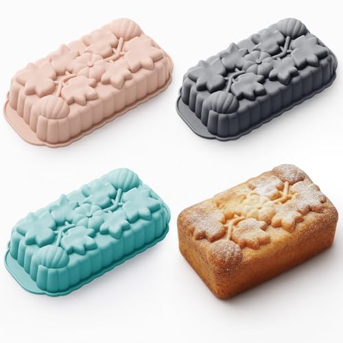 Vesici 3 Pcs Silicone Loaf Pan Pumpkin and Maple Leaf Patterns for Fall Harvest Thanksgiving Holiday 6 Cups Bread Baking Mold Non Stick Oven Microwave Safe Nordic Gray Blue Pink Colors - Image 1