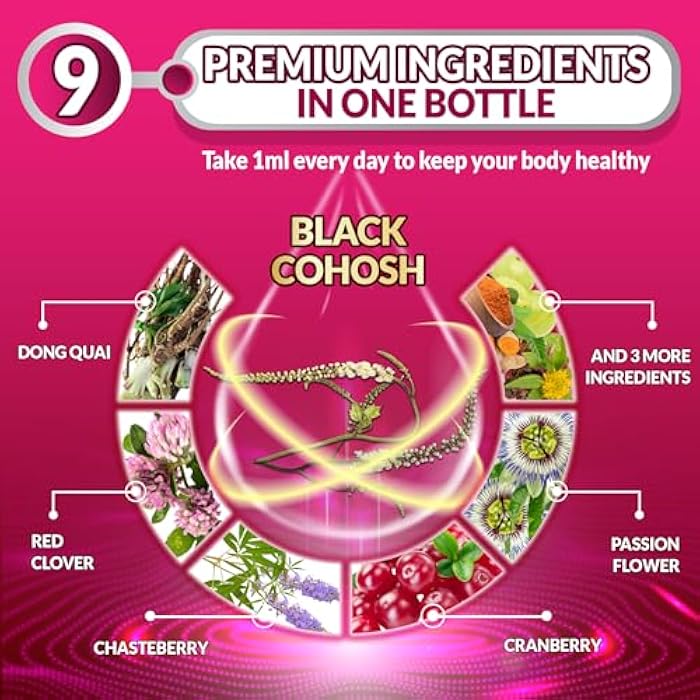 Tenmido 9in1 Liquid Black Cohosh Supplements Women with Dong Quai, Red Clover, Chasteberry, Cranberry, Passion Flower, Turmeric, Rhodiola Rosea, and Amla - 30ml Fl Oz - Image 4