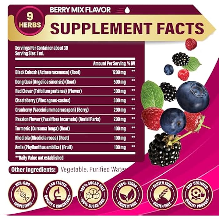 Tenmido 9in1 Liquid Black Cohosh Supplements Women with Dong Quai, Red Clover, Chasteberry, Cranberry, Passion Flower, Turmeric, Rhodiola Rosea, and Amla - 30ml Fl Oz - Image 2
