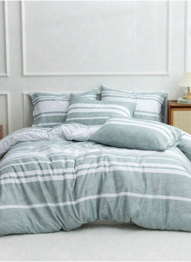 LUNA Home King Size 6 Pieces, Green Stripe Design Duvet cover set  - Image 1