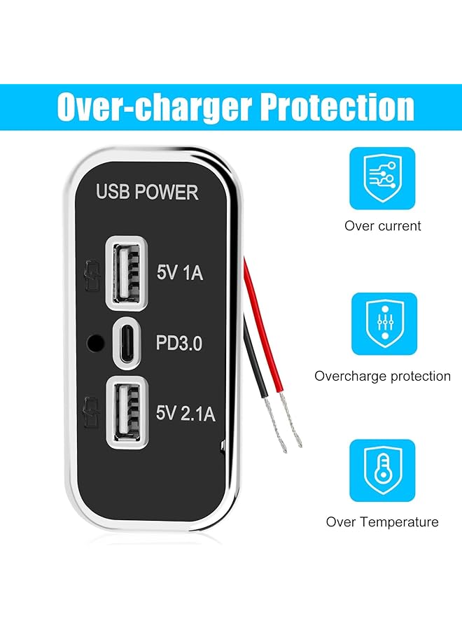 إكسفور منفذ شحن سريع بثلاثة منافذ USB 12 فولت، منفذ USB مزدوج A 3.1A، منفذ Type C PD QC 3.0، محول للسيارات الترفيهية والبحرية والدراجات النارية والشاحنات وعربات الجولف والهواتف 14 13 12، S22 S21 S20 - Image 2