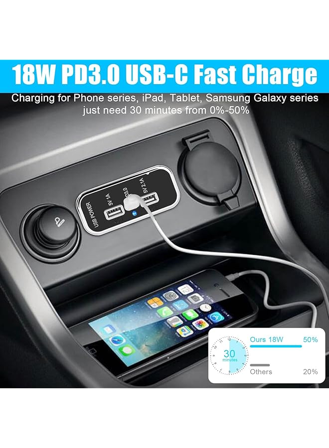 إكسفور منفذ شحن سريع بثلاثة منافذ USB 12 فولت، منفذ USB مزدوج A 3.1A، منفذ Type C PD QC 3.0، محول للسيارات الترفيهية والبحرية والدراجات النارية والشاحنات وعربات الجولف والهواتف 14 13 12، S22 S21 S20 - Image 3