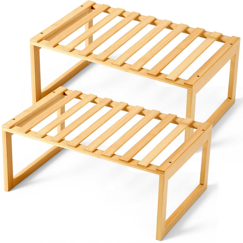 BrightRow 2 Pcs Bamboo Kitchen Cabinet Shelf, Cabinet Shelf Organizer, Cabinets Bamboo Countertop Organizer, Storage Shelves for Pantry Bathroom Dining Room Study Laundry - Image 1